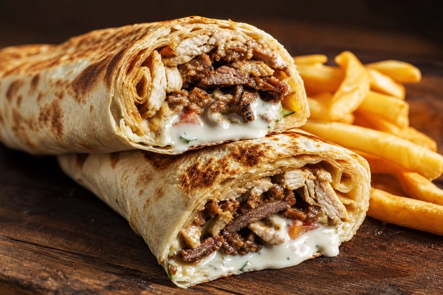 Dürüm kebab enrollado con carne y salsa blanca