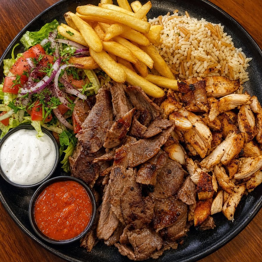 Plato de kebab con arroz, patatas y ensalada